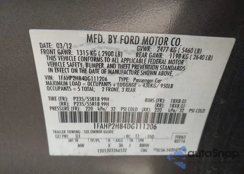 2013 Ford Taurus Sel из США, поврежденный, VIN 1FAHP2H84DG111206